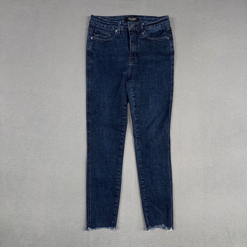 Judy Blue Jeans Womens 7/28 Blue Skinny Dark Wash Raw Hem Tummy Control Denim